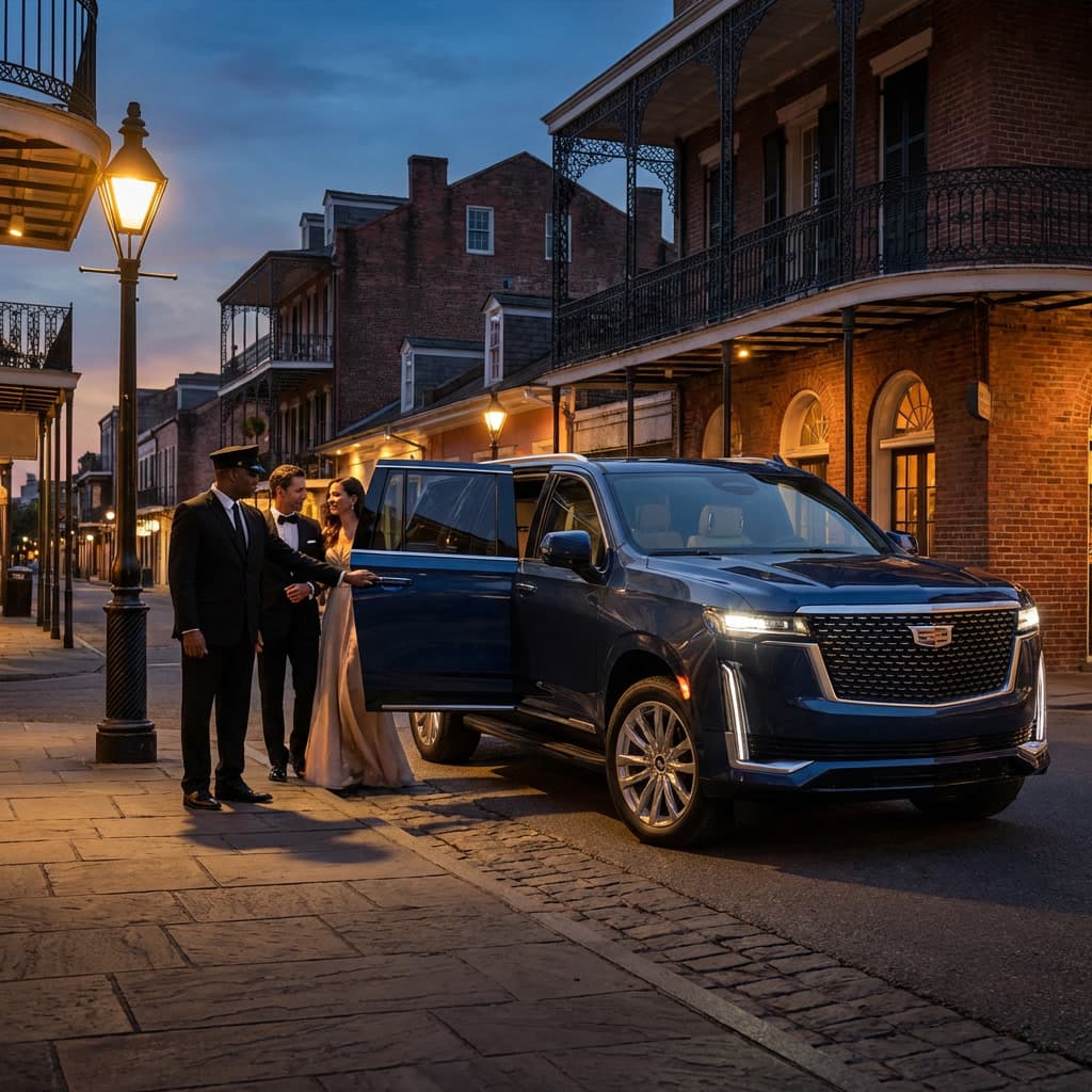 Professional Jazzy chauffeur opening door of black Cadillac Escalade