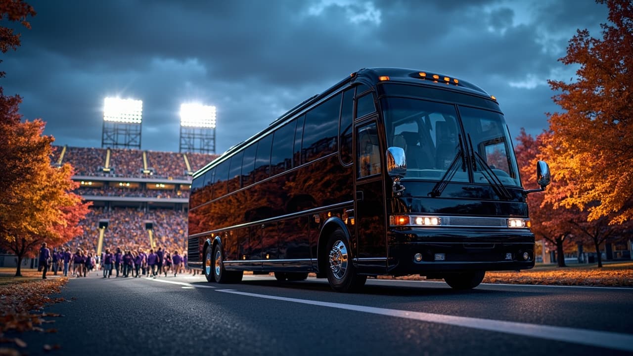 Executive motor coach for LSU game day transportation parked outside Tiger Stadium at dusk
