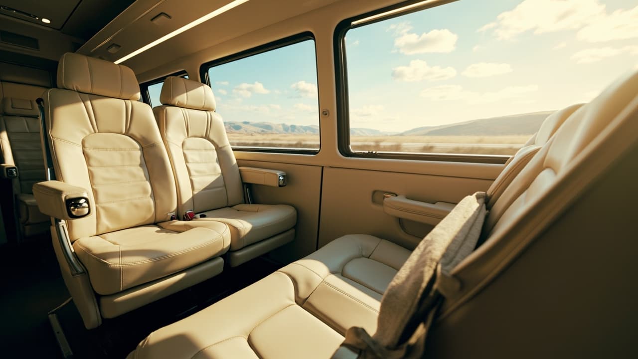 Cream leather captain chairs inside a luxury executive shuttle van used for LSU game day transportation