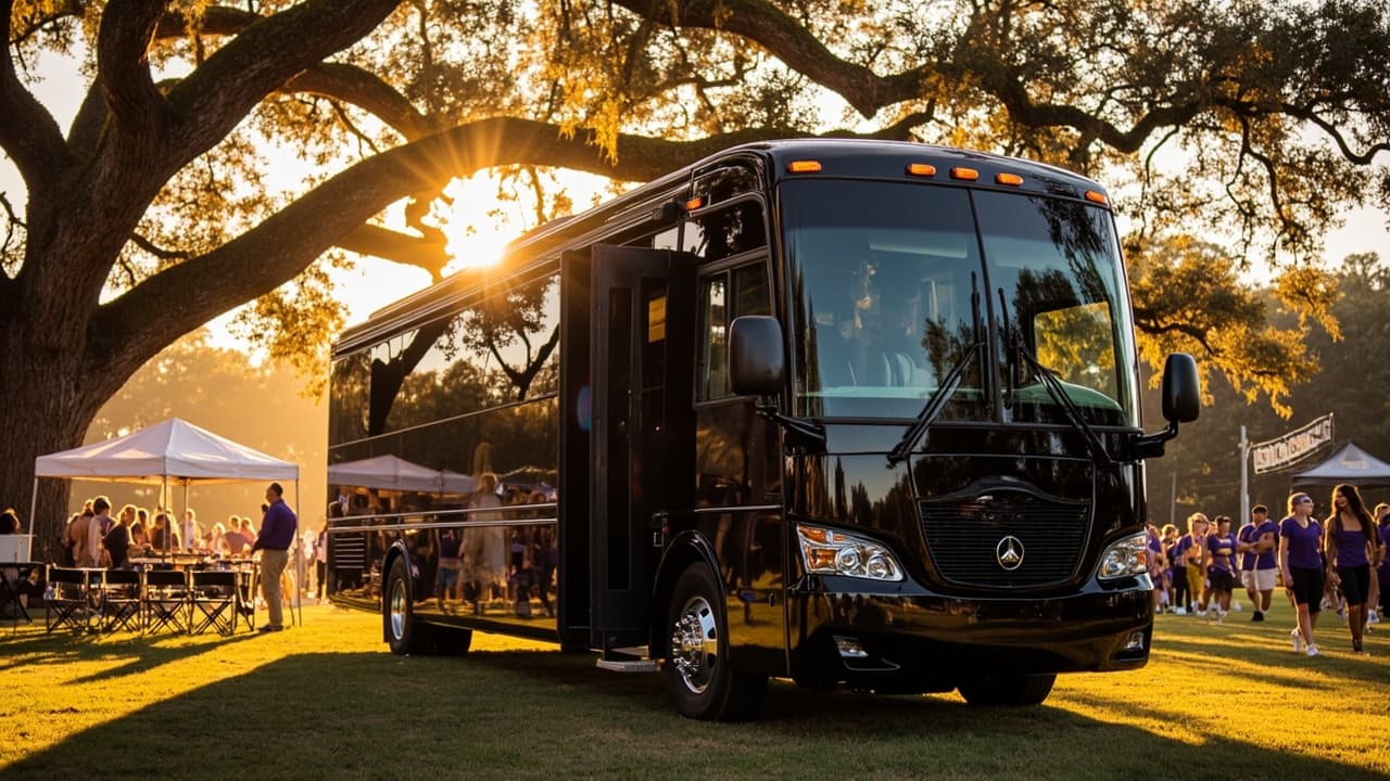 Luxury party bus parked at an LSU tailgate outside Tiger Stadium in Baton Rouge