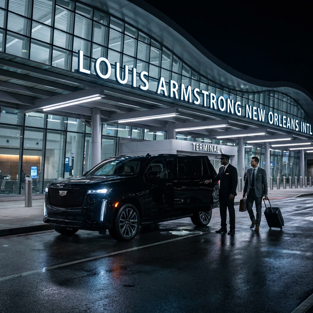 A chauffeured SUV at the curb, the single-vehicle option for groups of five or six