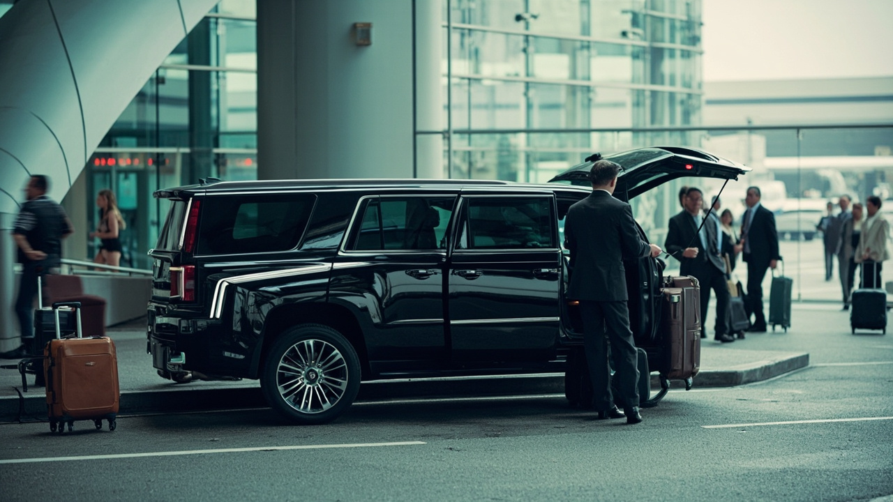 Chauffeur loading luggage into a black SUV at the MSY airport passenger pickup curb