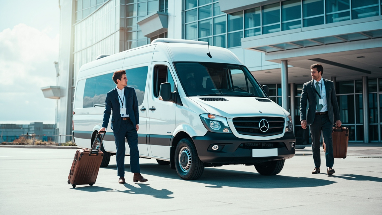 Mercedes Sprinter shuttle outside a New Orleans convention center entrance