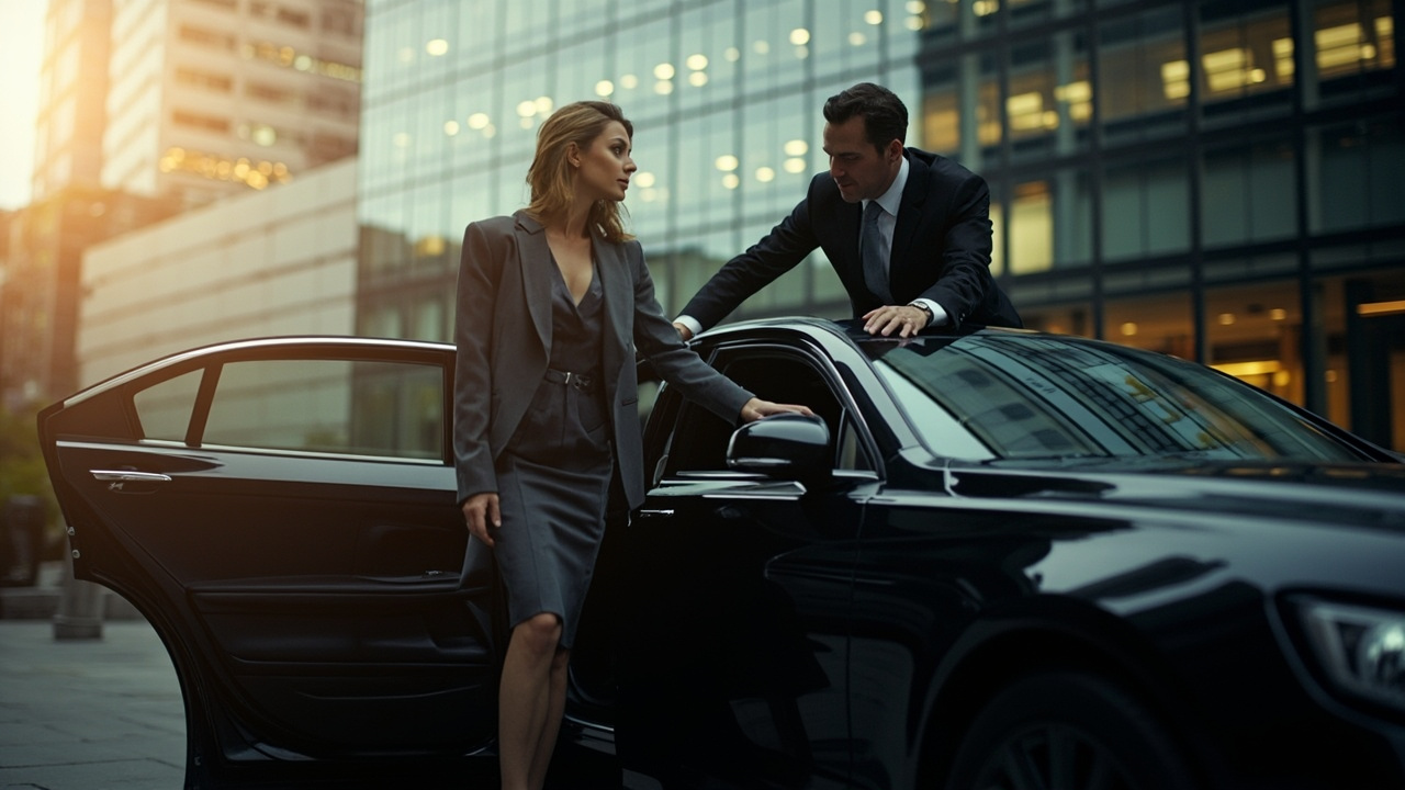 Corporate traveler entering a chauffeured black sedan outside a New Orleans office tower
