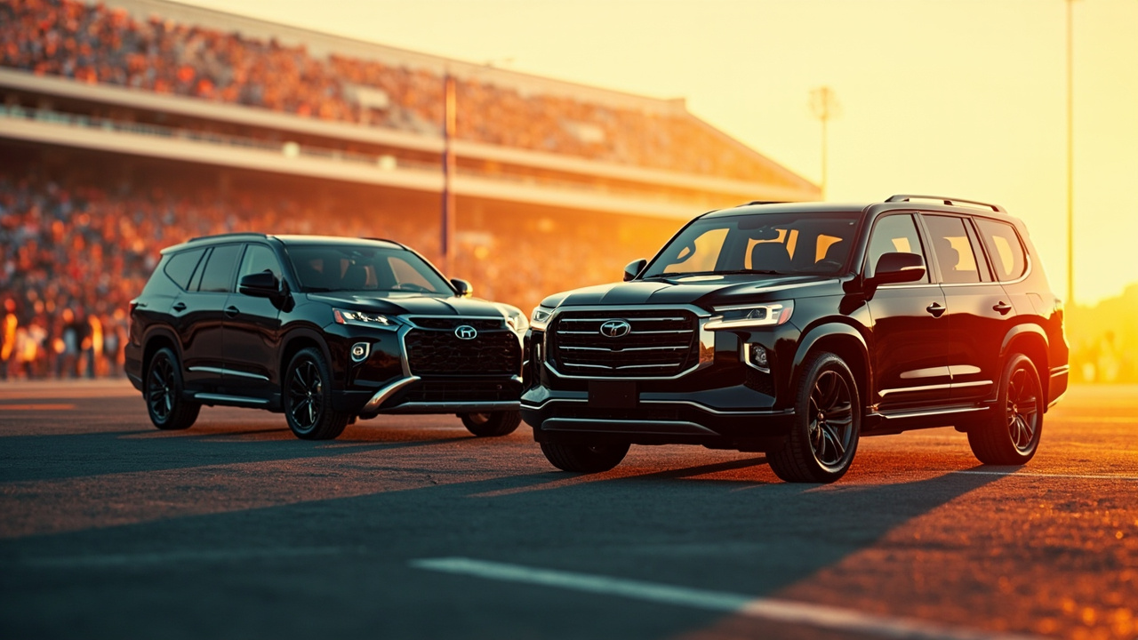 Two black SUVs staged for Saints game day transportation near the Superdome