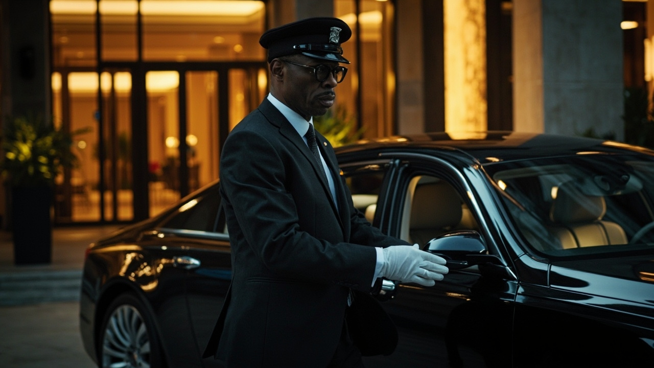 Chauffeur opening the rear door of a luxury sedan outside a New Orleans hotel