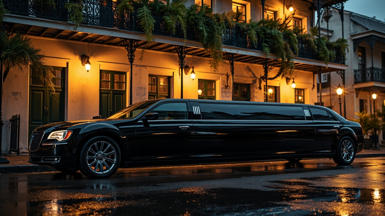 Black stretch limousine parked on a French Quarter street in New Orleans at dusk