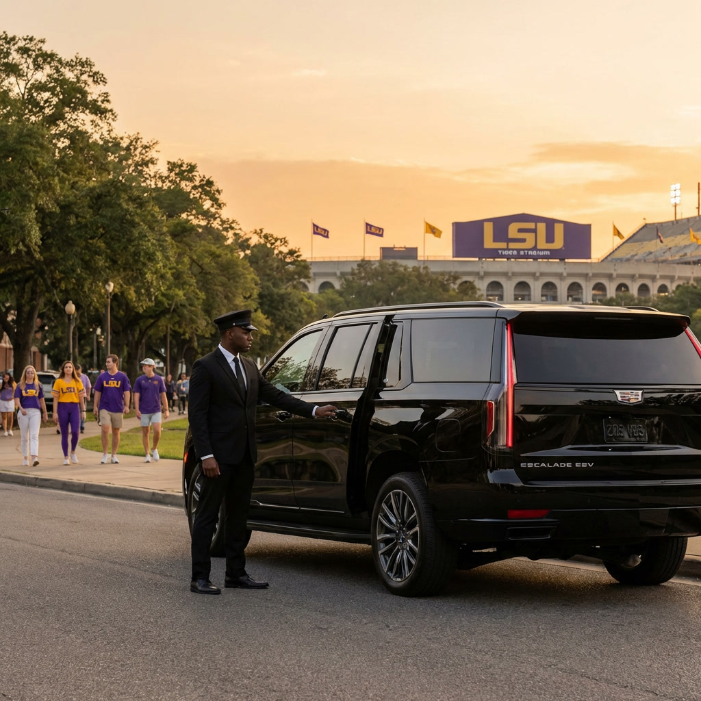 A chauffeur opening a passenger door for guests before the drive to Baton Rouge
