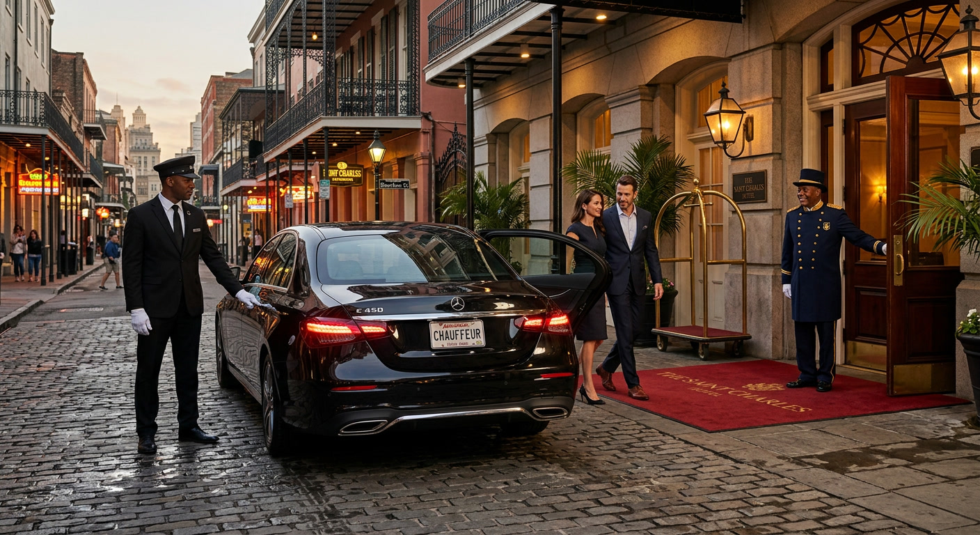 A chauffeured vehicle waiting near French Quarter hotels during Southern Decadence weekend