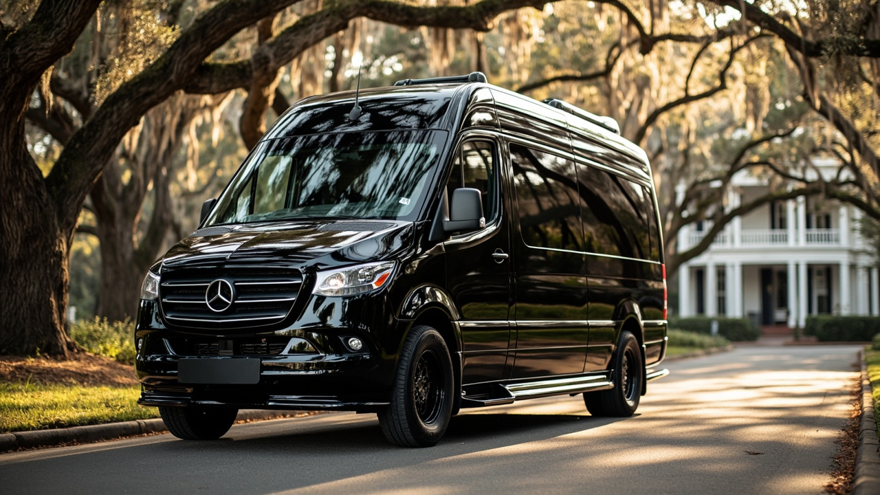 Black Mercedes Sprinter executive van on a tree-lined New Orleans avenue