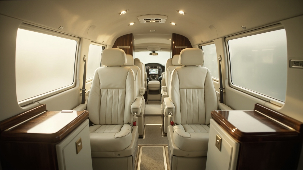 Cream leather captain chairs inside a luxury Mercedes Sprinter executive van