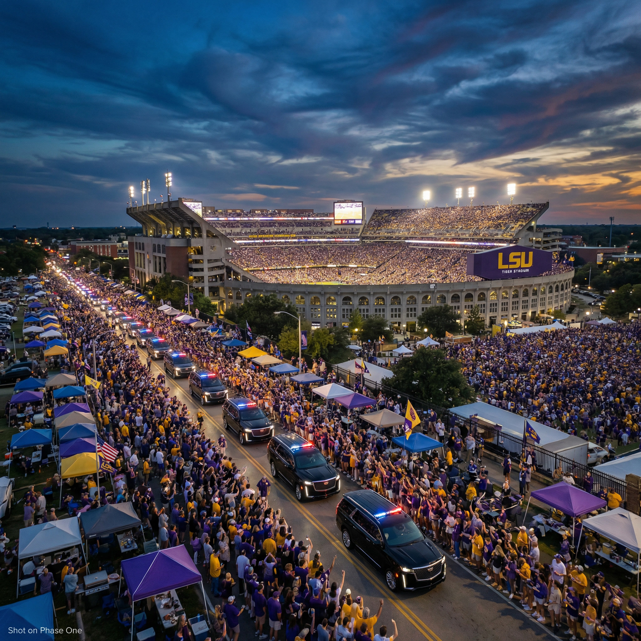 How far is LSU from New Orleans: a chauffeured vehicle heading west toward Baton Rouge