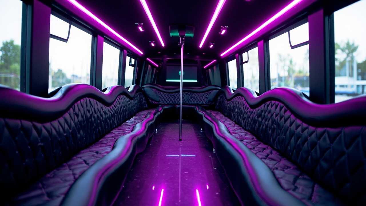 Interior of a luxury party bus with violet LED lighting for New Orleans group events