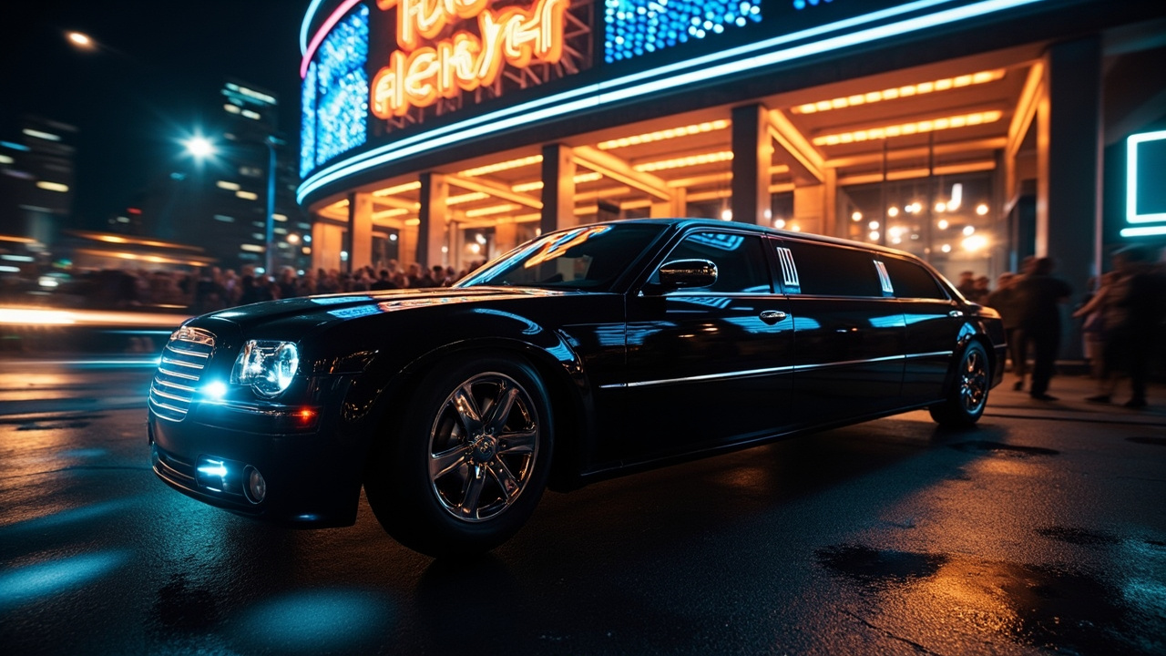 Stretch limousine dropping off concertgoers outside a New Orleans arena at night