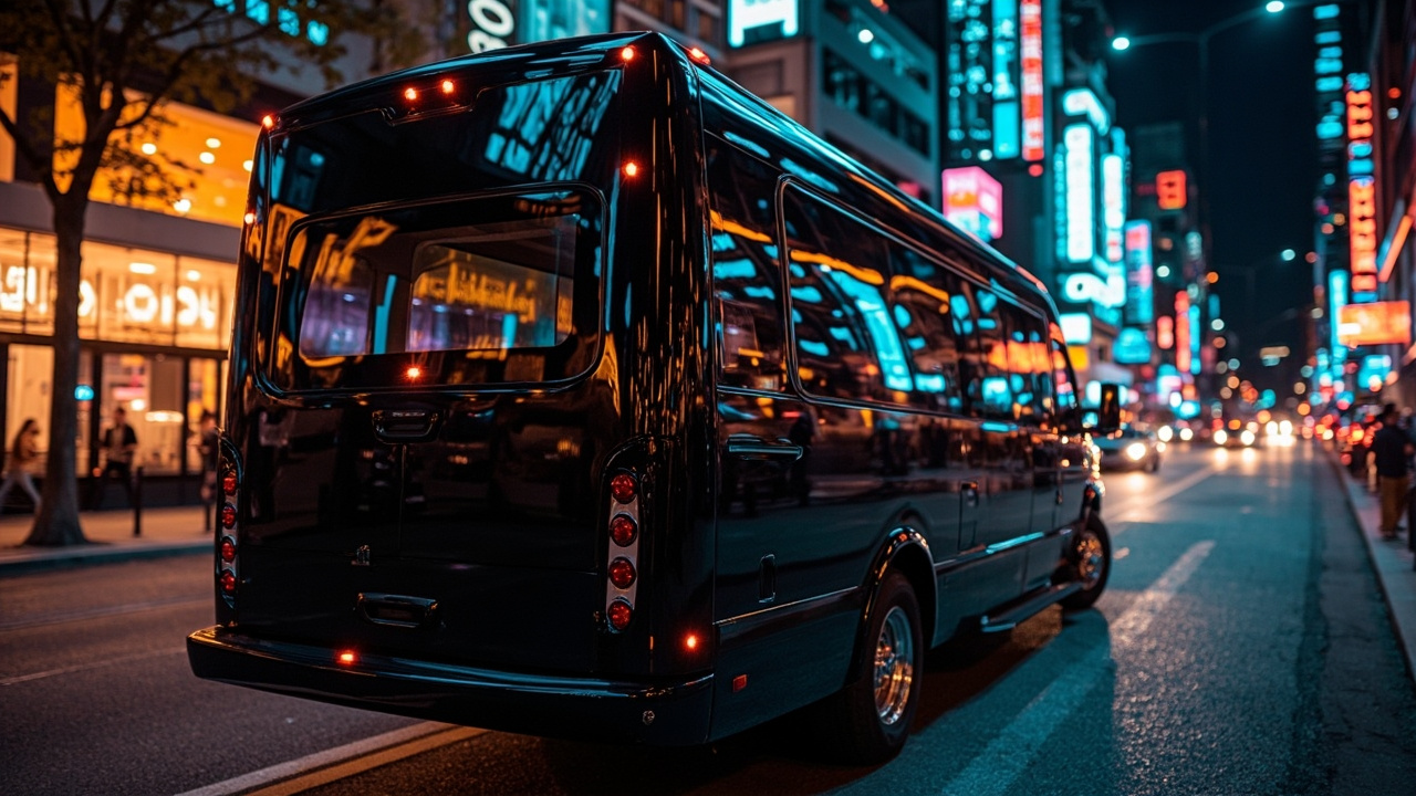Luxury party bus parked downtown for a New Orleans concert night out
