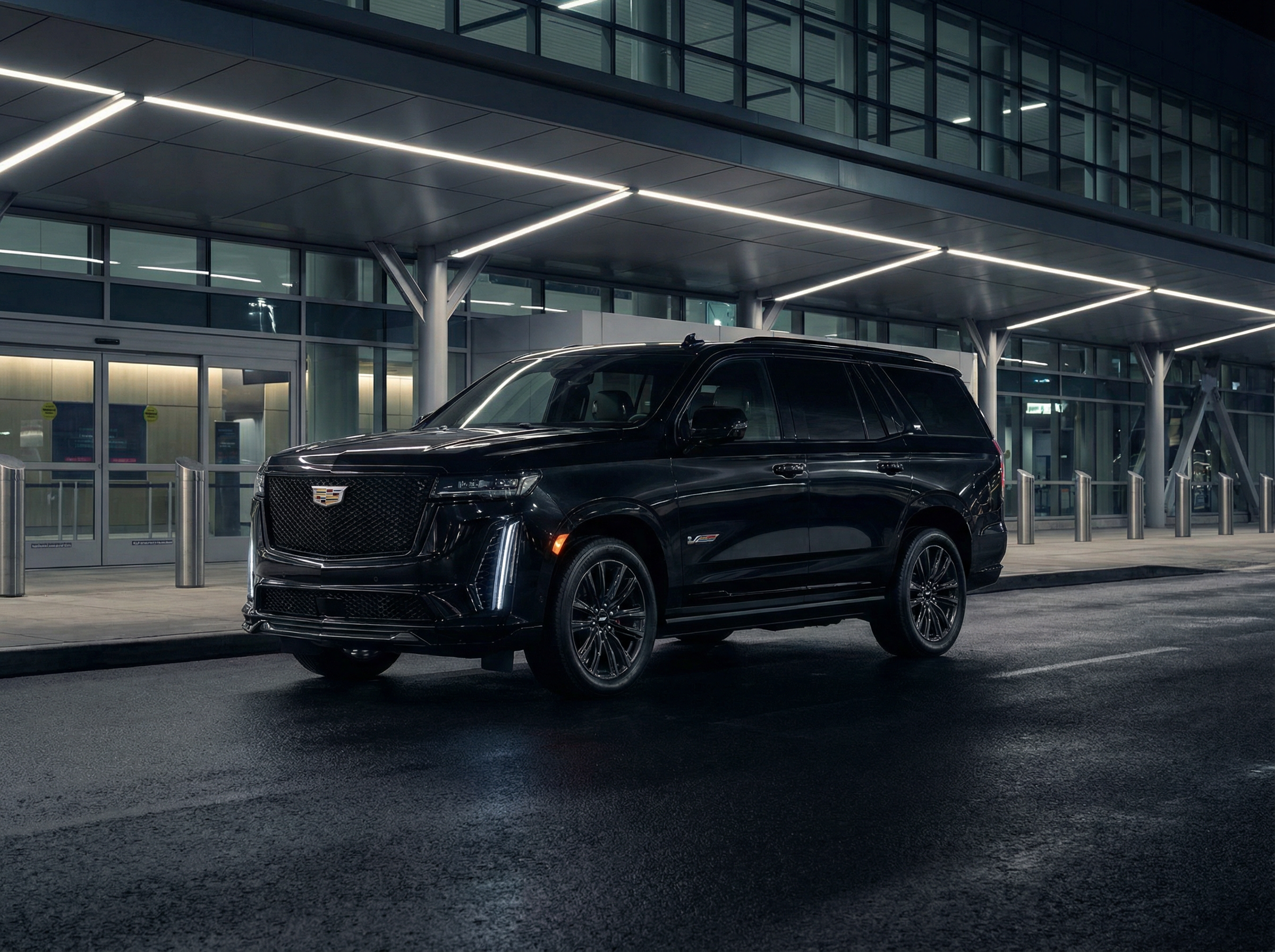 Sleek black Cadillac Escalade SUV at MSY Louis Armstrong New Orleans International Airport arrivals - Jazzy Limousine & Shuttle