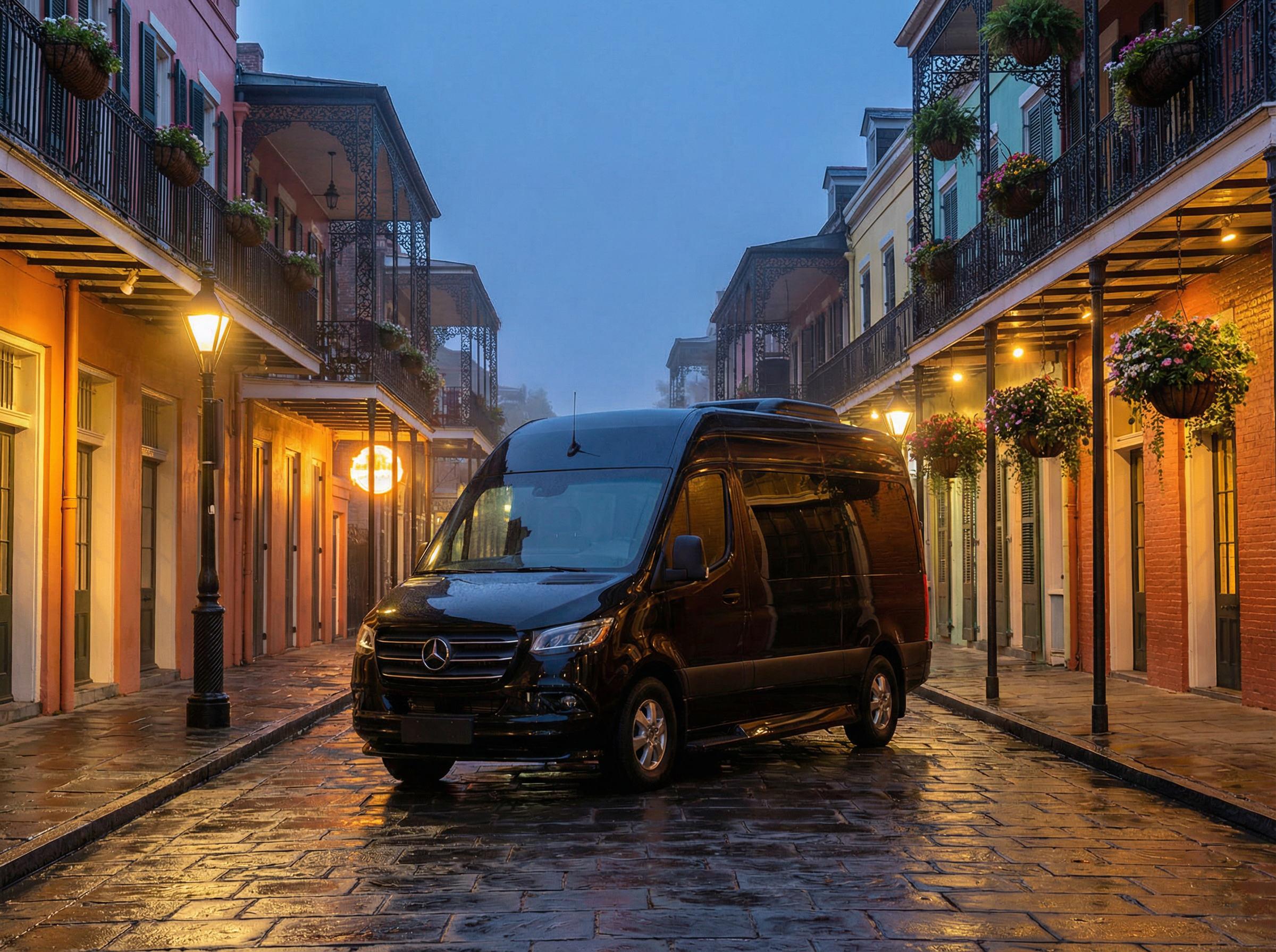 Luxury black Mercedes Sprinter van in New Orleans French Quarter for private city tours - Jazzy Limousine & Shuttle