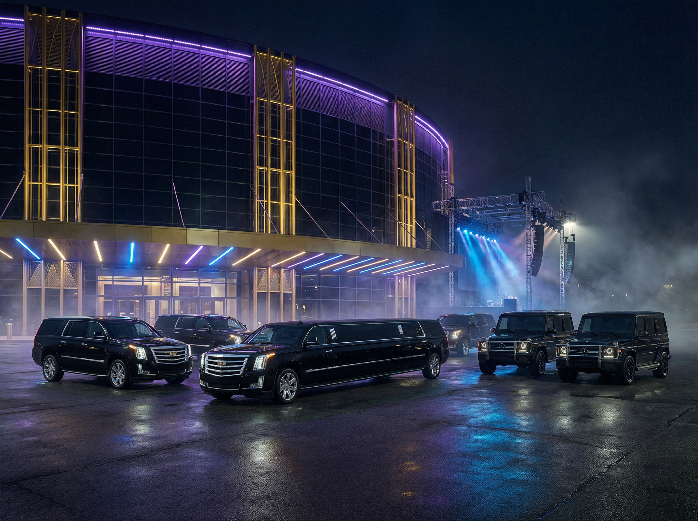 Fleet of luxury black vehicles including stretch limousine outside New Orleans film and production venue - Jazzy Limousine & Shuttle