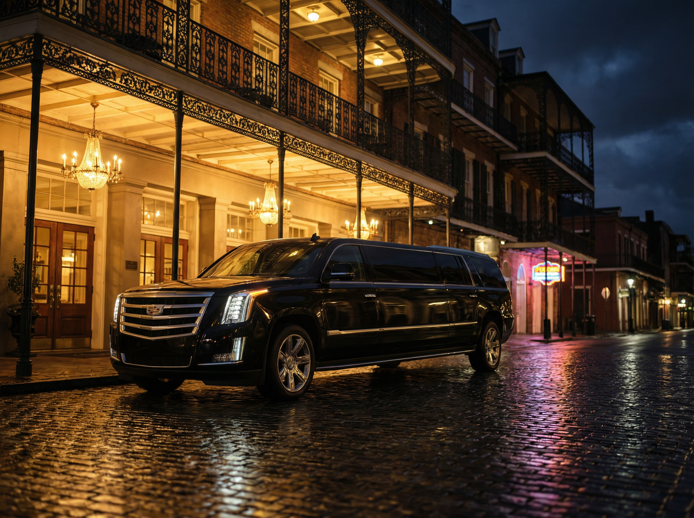 Luxury black Cadillac Escalade at New Orleans hotel entrance for cruise port transfers - Jazzy Limousine & Shuttle