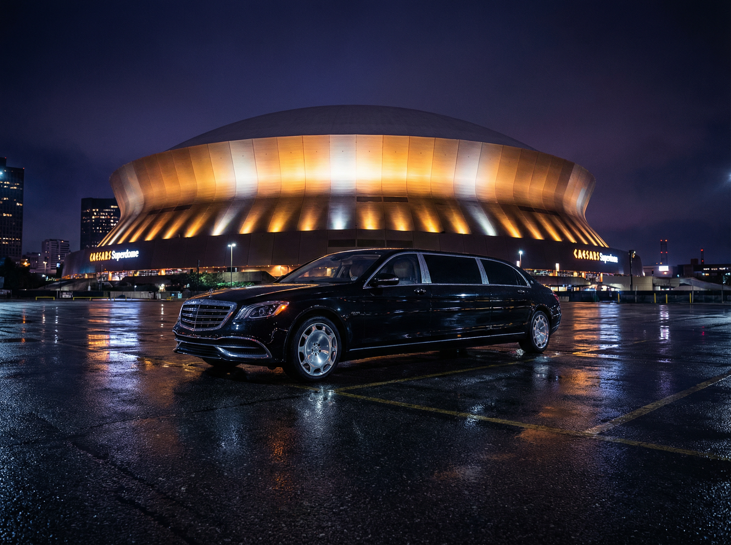 Luxury black stretch limousine parked outside Caesars Superdome New Orleans for Saints game day - Jazzy Limousine & Shuttle