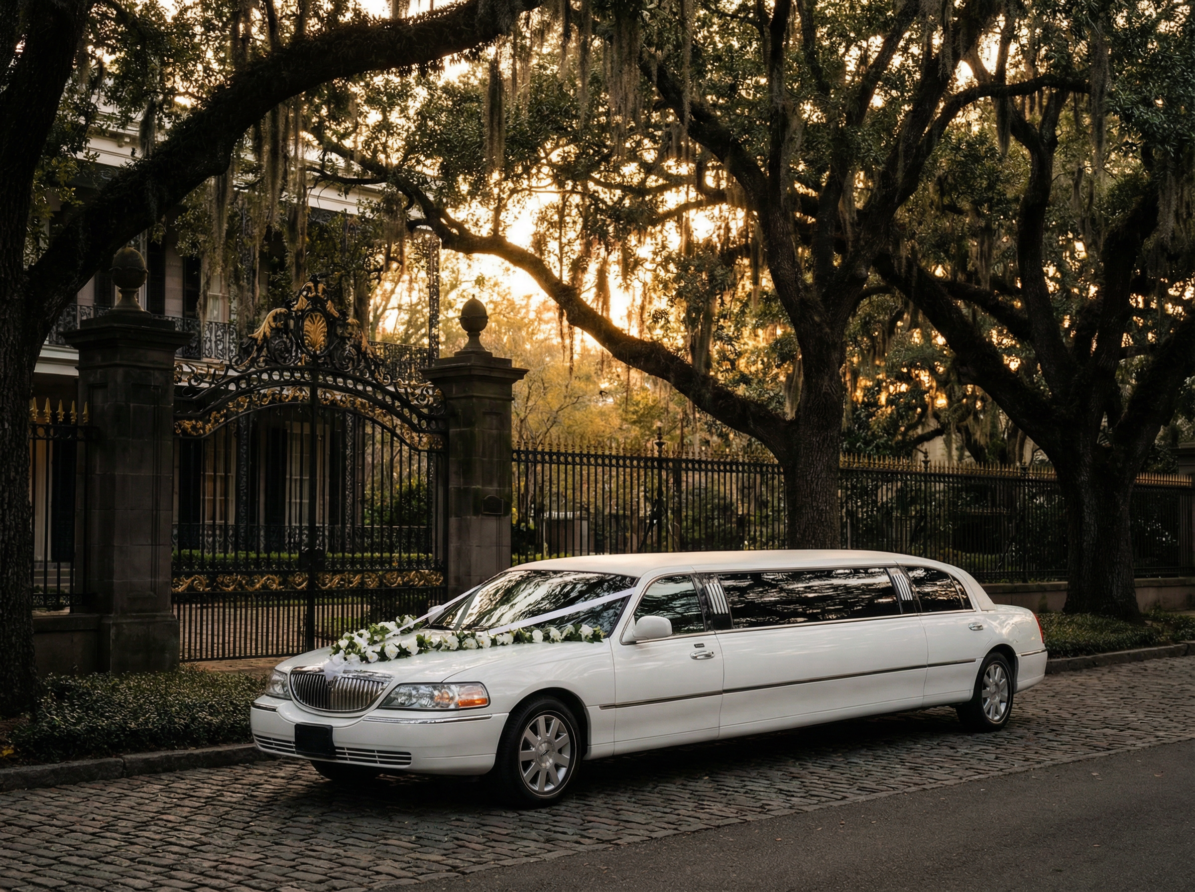 Elegant white stretch limousine with floral decorations at New Orleans Garden District wedding venue - Jazzy Limousine & Shuttle